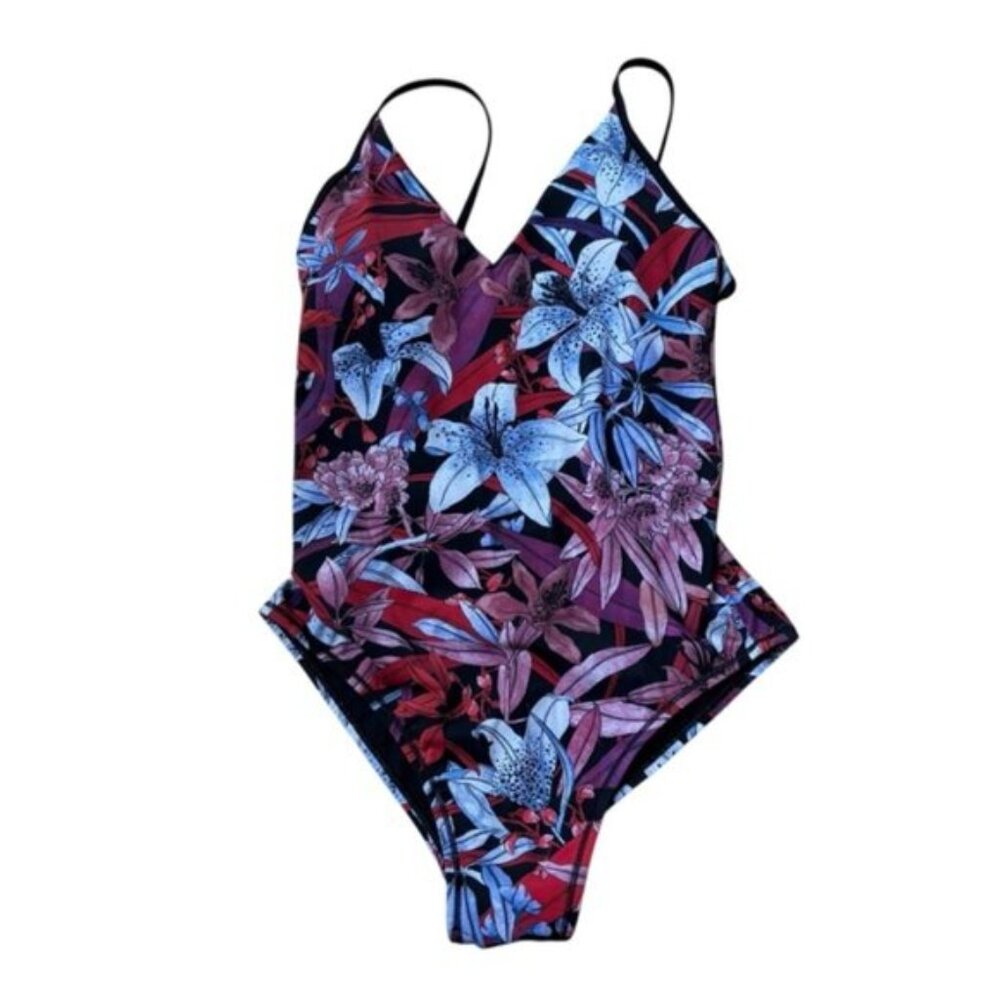 lululemon athletica Floral V-Neck One-Piece Swimsuit in Black, Blue, Red, Purple